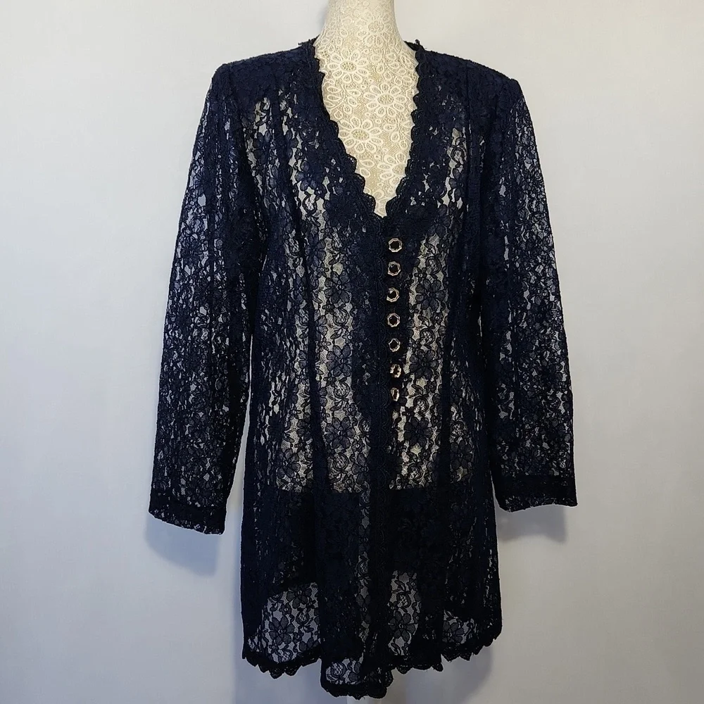 Beautiful U Women L Navy Blue Crochet Lace Scalloped Hem Button Front Cardigan